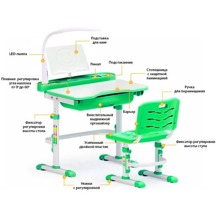 Комплект мебели  столик   стульчик   лампа  EVO-17 Z  с лампой  столешница белая / пластик зеленый  одна коробка 