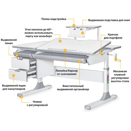 Детский стол Mealux Hamilton Multicolor G   полка S-50  арт. BD-680 WG/MC   S-50 - столешница белая / накладки серые  коробок 3 шт. 